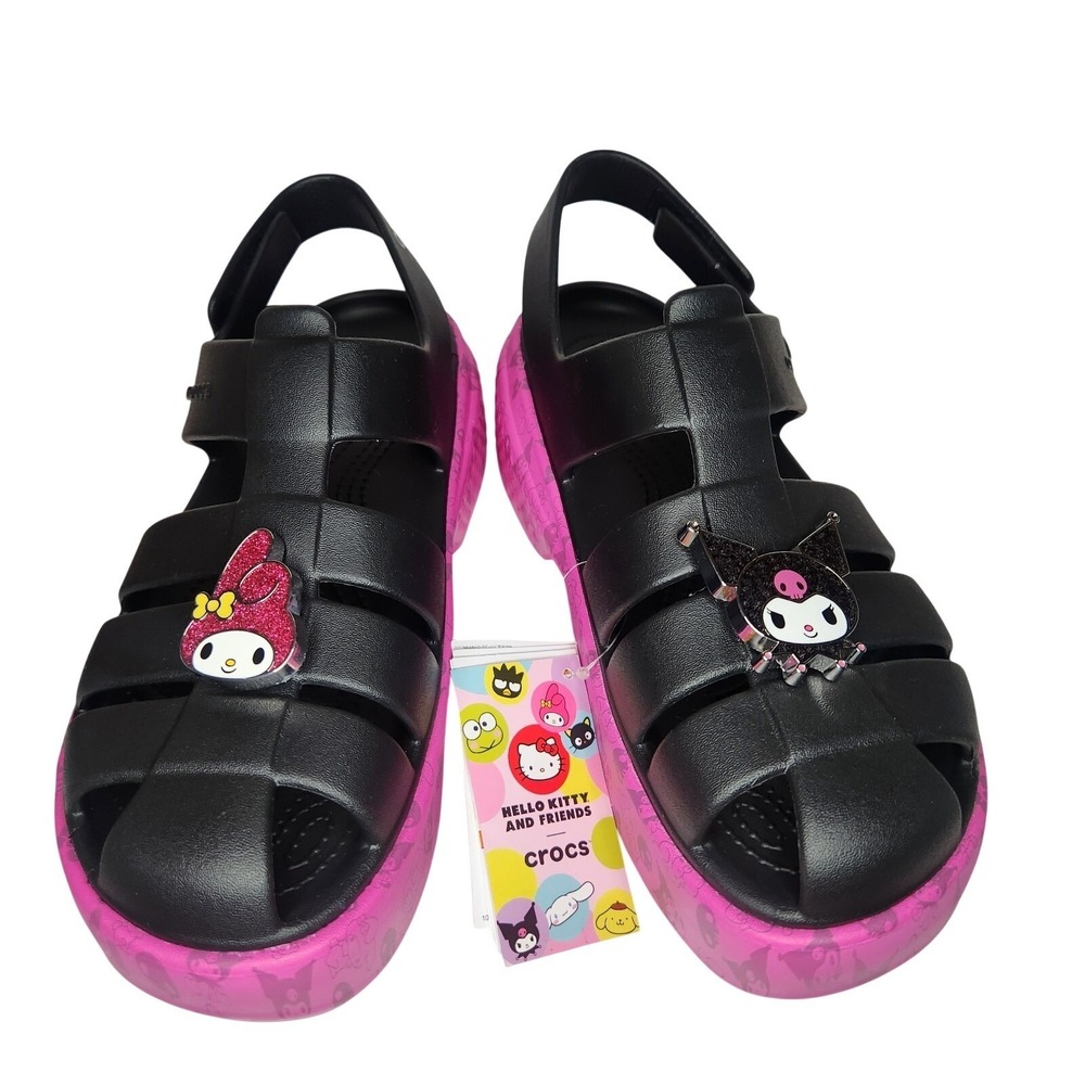 CROCS Sandals W9 M11 Black Pink Platform Hello Kitty Kuromi Whimsigoth NEW